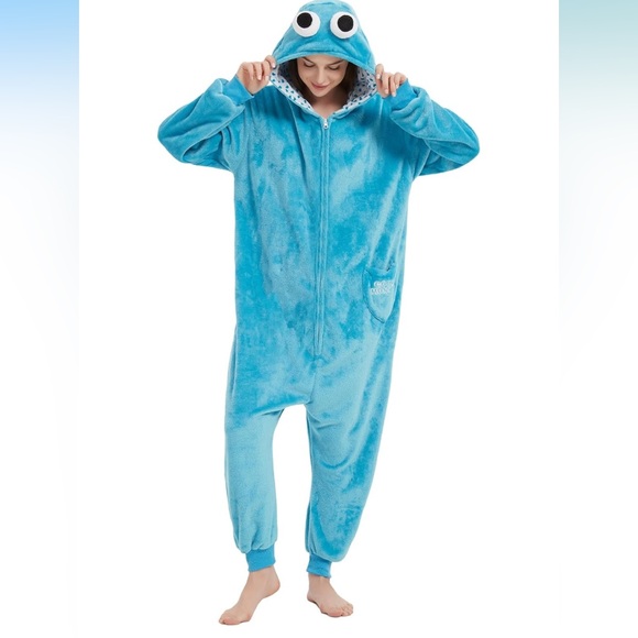 New Unisex Adult Cookie Monster Onesie Pajamas Costume Cosplay Sleepwear - Picture 1 of 9